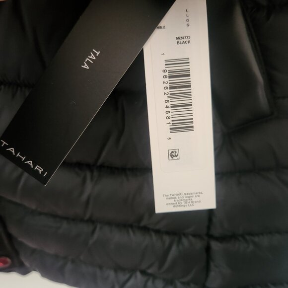 Tahari Womens Puffer Jacket Hooded Faux Leather Trim Puffer Coat Black Large NWT - Picture 6 of 14